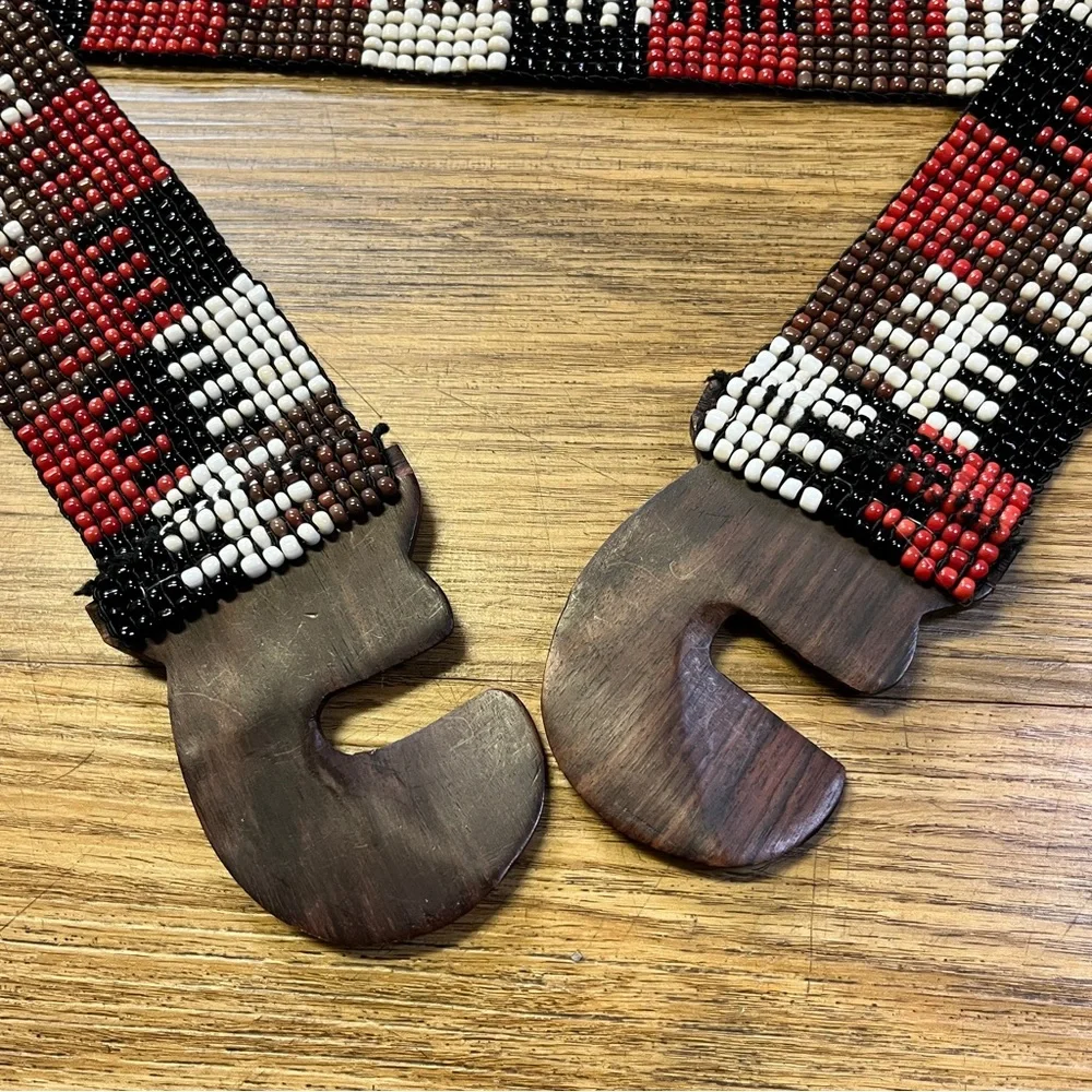 Boho Red Black Beaded Stretch Belt Wide Geometric Southwest Free People Festival